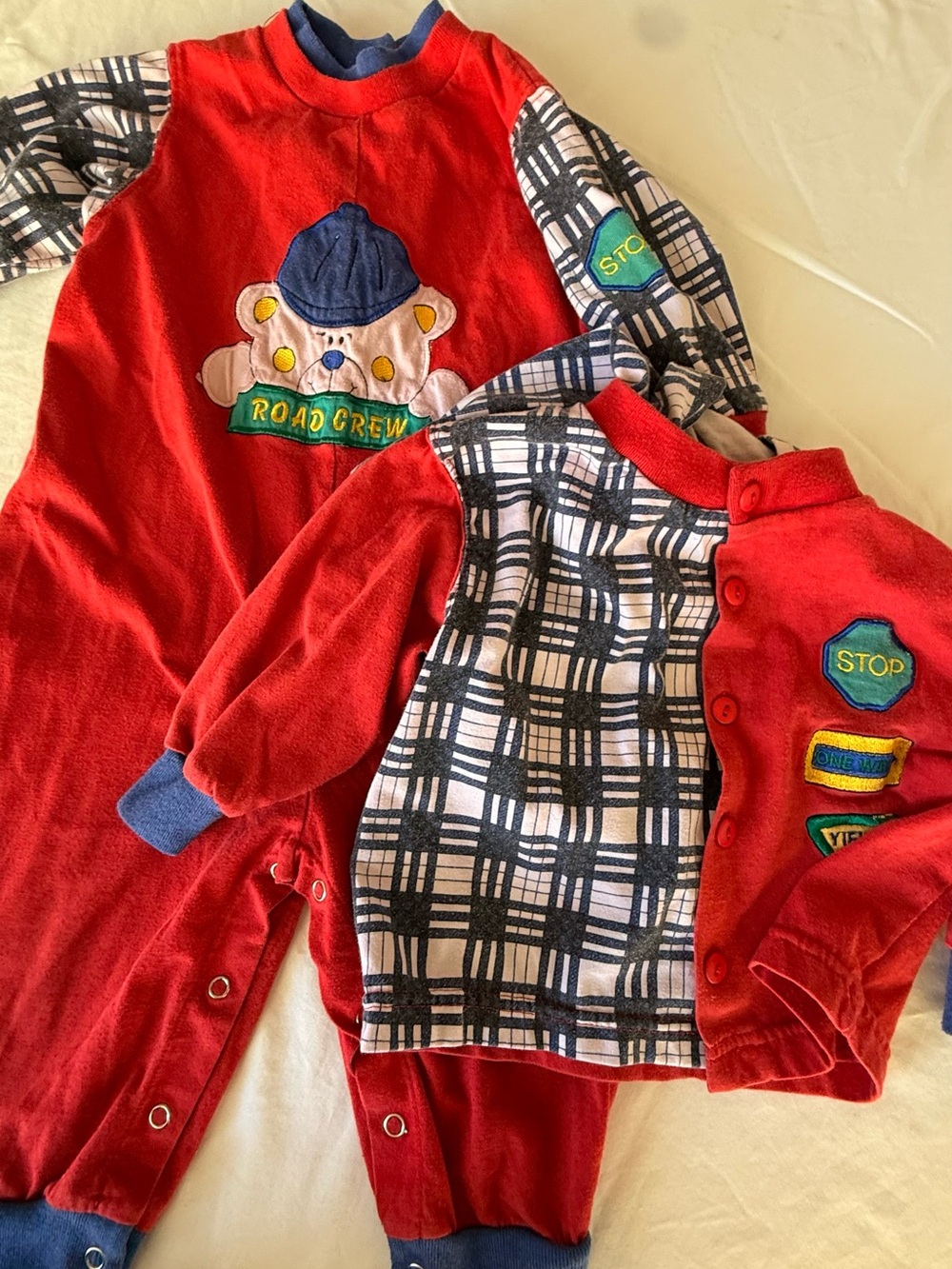 Vintage 90s Little By Little 18M Road Crew Bear Romper Hoodie Set 2 Pc